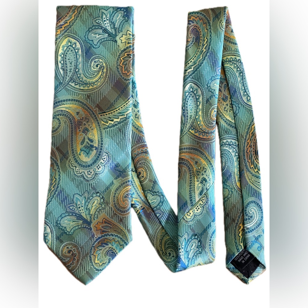 Teal Paisley Stacy Adams Necktie & Pocket Square [handkerchief] Combo - Picture 4 of 5